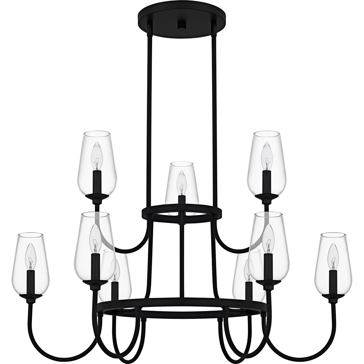 Quoizel Viscount 36in 9-Light Chandelier | Transitional Matte Black and Clear Glass | Dining Room & Foyer | 36 x 36 x 23.75 in | Model VSC5036MBK