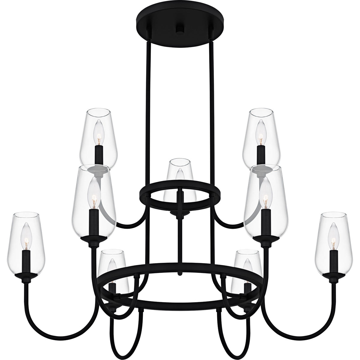 Quoizel Viscount 36in 9-Light Chandelier | Transitional Matte Black and Clear Glass | Dining Room & Foyer | 36 x 36 x 23.75 in | Model VSC5036MBK
