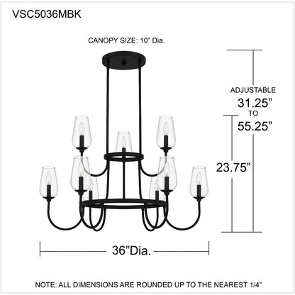 Quoizel Viscount 36in 9-Light Chandelier | Transitional Matte Black and Clear Glass | Dining Room & Foyer | 36 x 36 x 23.75 in | Model VSC5036MBK