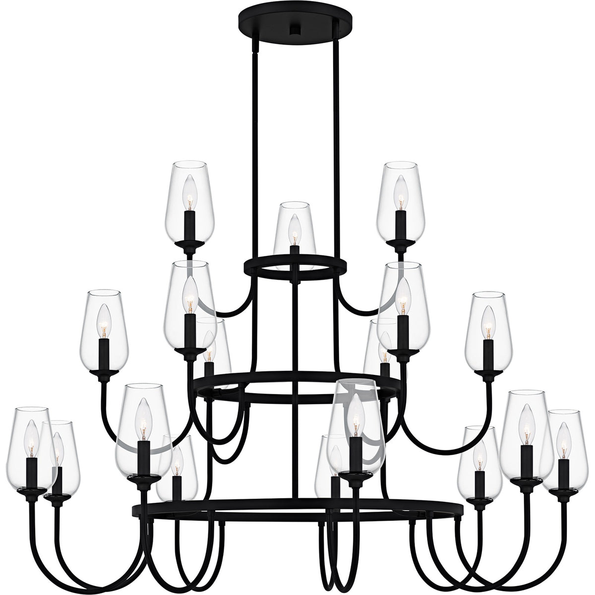 Quoizel Viscount 48in 18-Light Chandelier | Transitional Matte Black and Clear Glass | Dining Room & Foyer | 48 x 48 x 34.75 in | Model VSC5048MBK