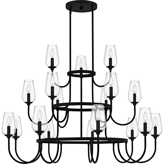 Quoizel Viscount 48in 18-Light Chandelier | Transitional Matte Black and Clear Glass | Dining Room & Foyer | 48 x 48 x 34.75 in | Model VSC5048MBK