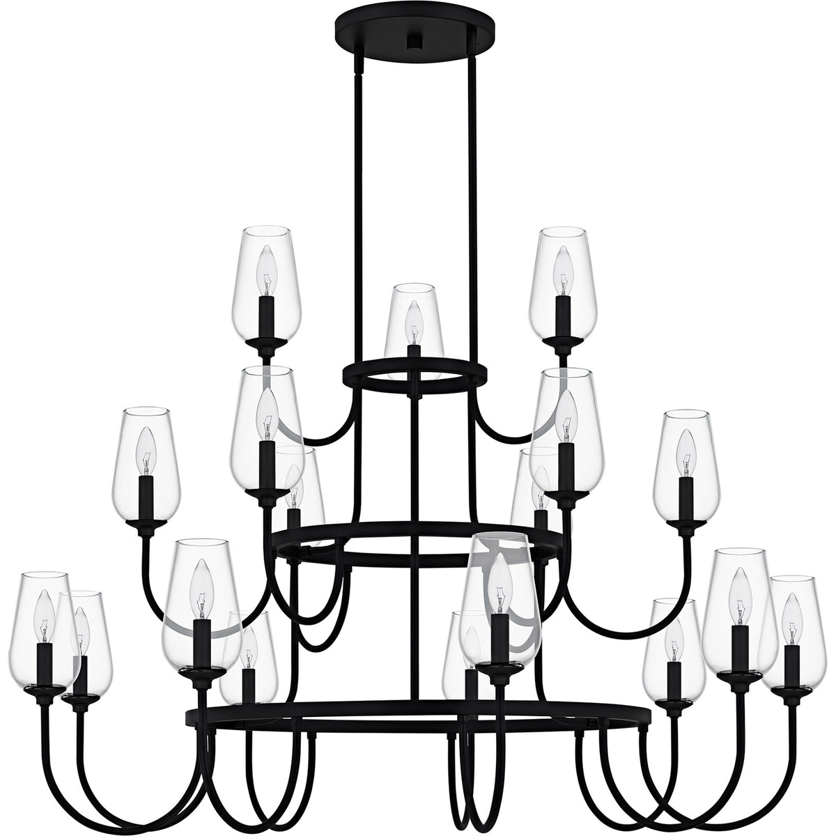 Quoizel Viscount 48in 18-Light Chandelier | Transitional Matte Black and Clear Glass | Dining Room & Foyer | 48 x 48 x 34.75 in | Model VSC5048MBK