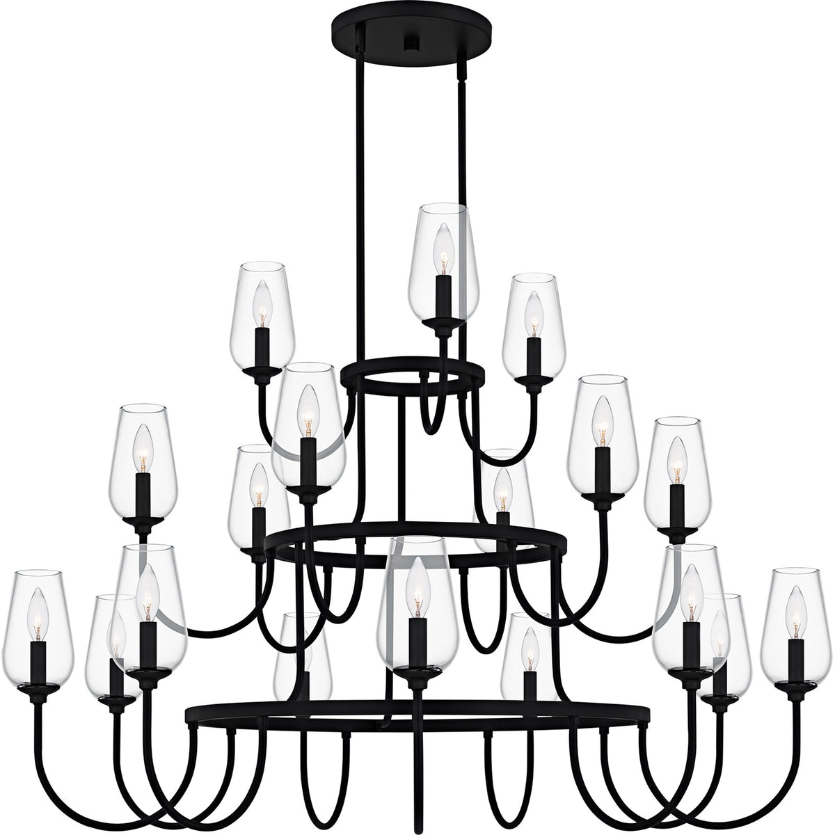 Quoizel Viscount 48in 18-Light Chandelier | Transitional Matte Black and Clear Glass | Dining Room & Foyer | 48 x 48 x 34.75 in | Model VSC5048MBK