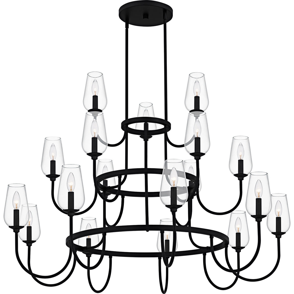Quoizel Viscount 48in 18-Light Chandelier | Transitional Matte Black and Clear Glass | Dining Room & Foyer | 48 x 48 x 34.75 in | Model VSC5048MBK