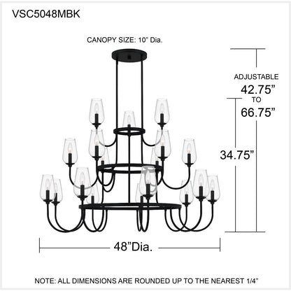Quoizel Viscount 48in 18-Light Chandelier | Transitional Matte Black and Clear Glass | Dining Room & Foyer | 48 x 48 x 34.75 in | Model VSC5048MBK