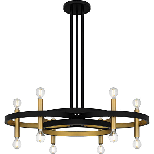 Quoizel Winsland 30in 12-Light Chandelier | Matte Black Steel with Gold Accents | Dining Room & Living Room | 30 x 30 x 9.75 in | Model WID5030MBK