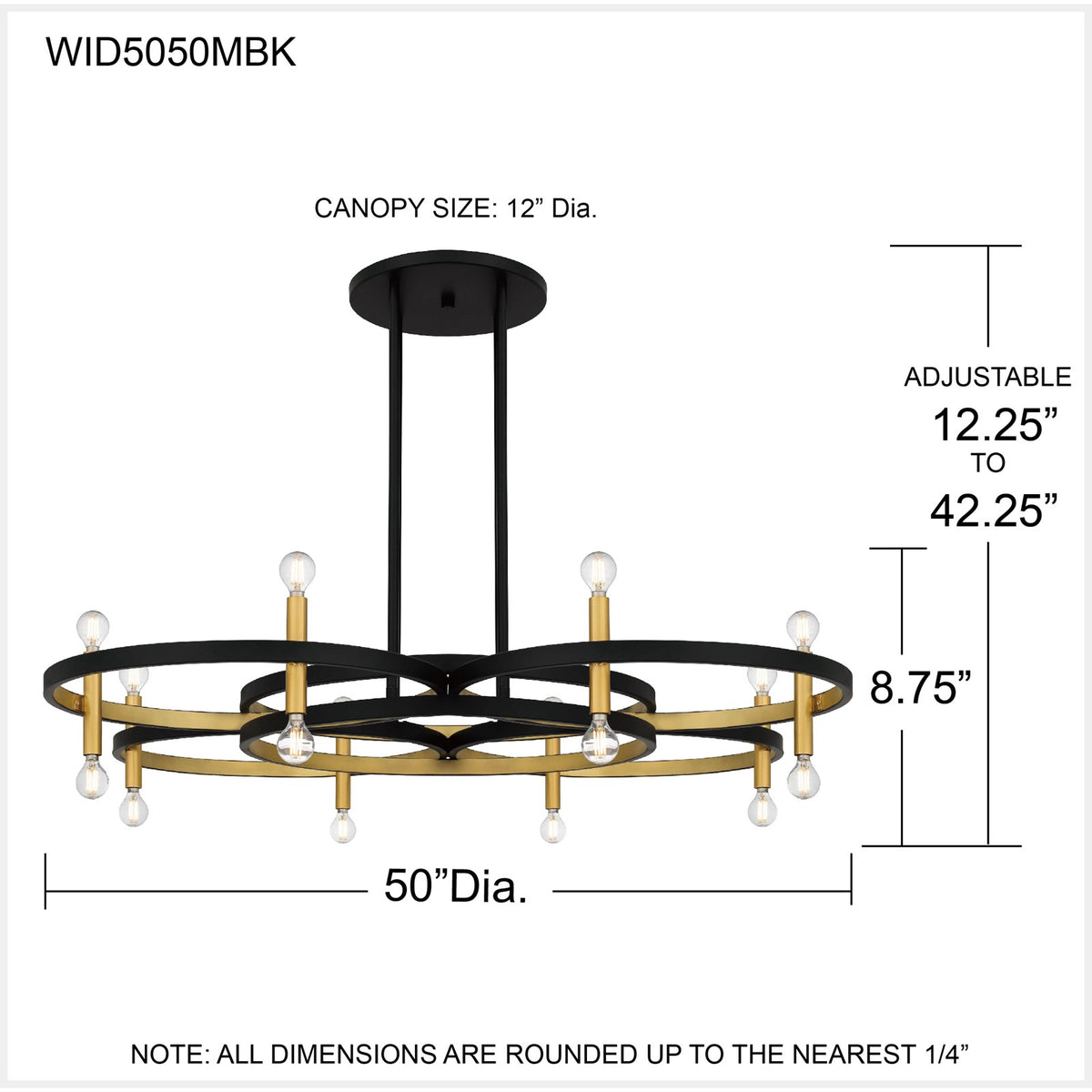 Quoizel Winsland 50in 16-Light Chandelier | Modern Matte Black and Gold Steel | Dining Room & Living Room | 50 x 50 x 9.75 in | Model WID5050MBK