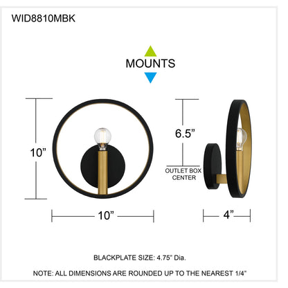 Quoizel Winsland 10in 1-Light Wall Sconce | Modern Matte Black and Gold Steel | Hallway & Bedroom | 10 x 4 x 10 in | Model WID8810MBK