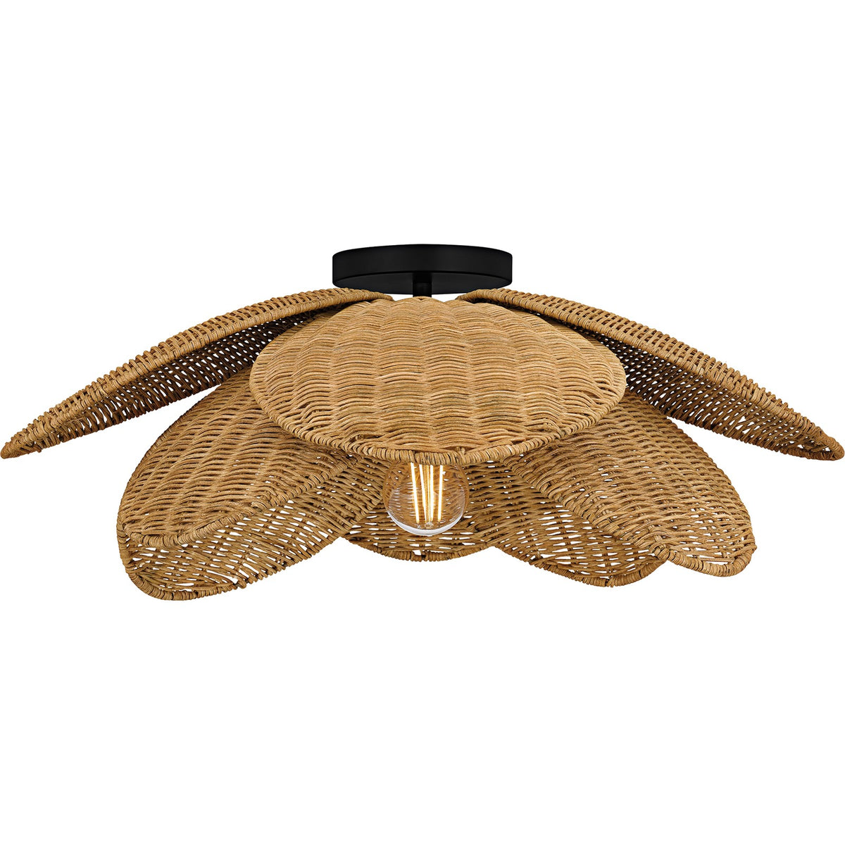 Quoizel Willa 22in 1-Light Semi-Flush Mount | Coastal Matte Black and Natural Rattan | Bedroom & Hallway | 22 x 22 x 8.75 in | Model WLL1722MBK