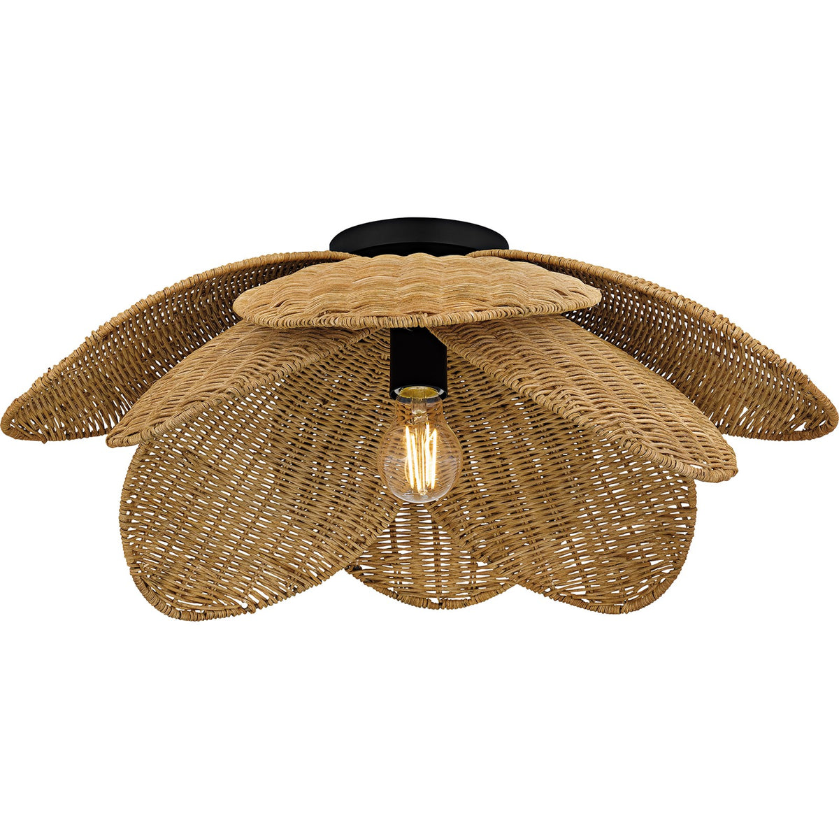 Quoizel Willa 22in 1-Light Semi-Flush Mount | Coastal Matte Black and Natural Rattan | Bedroom & Hallway | 22 x 22 x 8.75 in | Model WLL1722MBK
