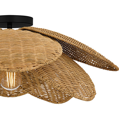 Quoizel Willa 22in 1-Light Semi-Flush Mount | Coastal Matte Black and Natural Rattan | Bedroom & Hallway | 22 x 22 x 8.75 in | Model WLL1722MBK