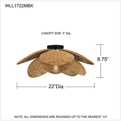 Quoizel Willa 22in 1-Light Semi-Flush Mount | Coastal Matte Black and Natural Rattan | Bedroom & Hallway | 22 x 22 x 8.75 in | Model WLL1722MBK