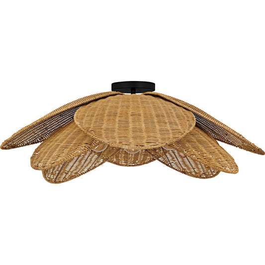 Quoizel Willa 30in 4-Light Semi-Flush Mount | Coastal Matte Black and Natural Rattan | Bedroom & Hallway | 30 x 30 x 11.25 in | Model WLL1730MBK