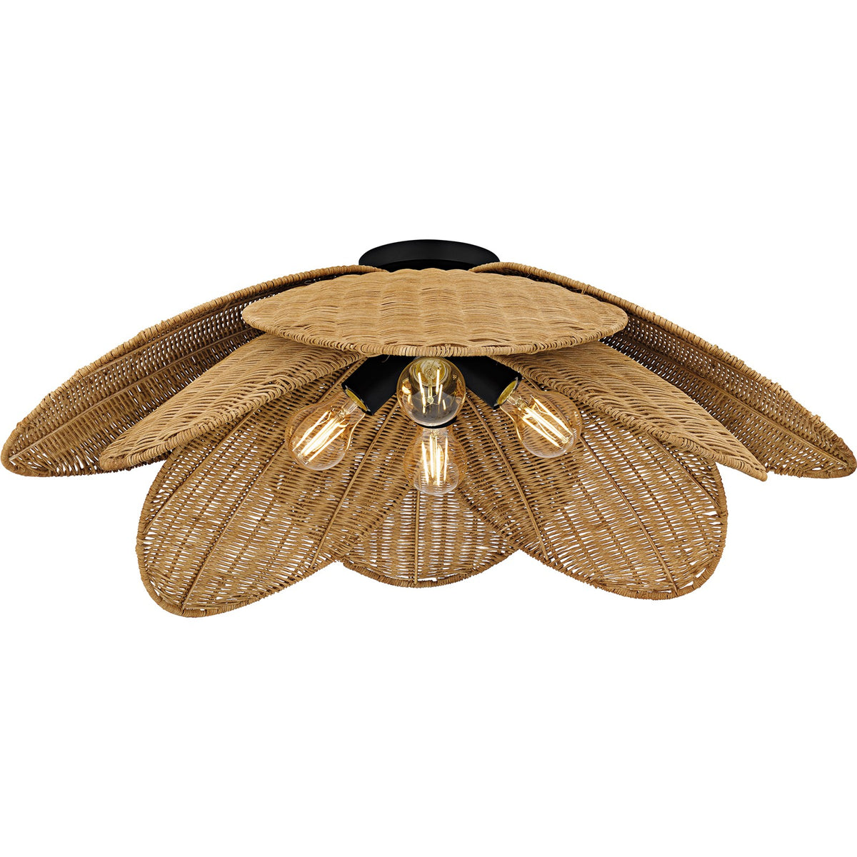 Quoizel Willa 30in 4-Light Semi-Flush Mount | Coastal Matte Black and Natural Rattan | Bedroom & Hallway | 30 x 30 x 11.25 in | Model WLL1730MBK