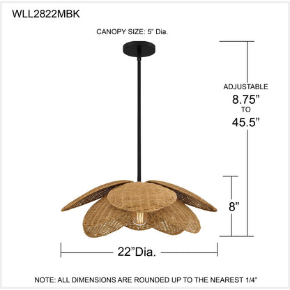 Quoizel Willa 22in 1-Light Pendant | Coastal Matte Black and Natural Rattan | Kitchen Island & Dining Room | 22 x 22 x 8 in | Model WLL2822MBK