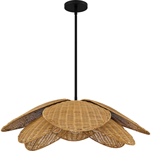 Quoizel Willa 30in 4-Light Pendant | Coastal Matte Black and Natural Rattan | Kitchen Island & Dining Room | 30 x 30 x 10.5 in | Model WLL2830MBK