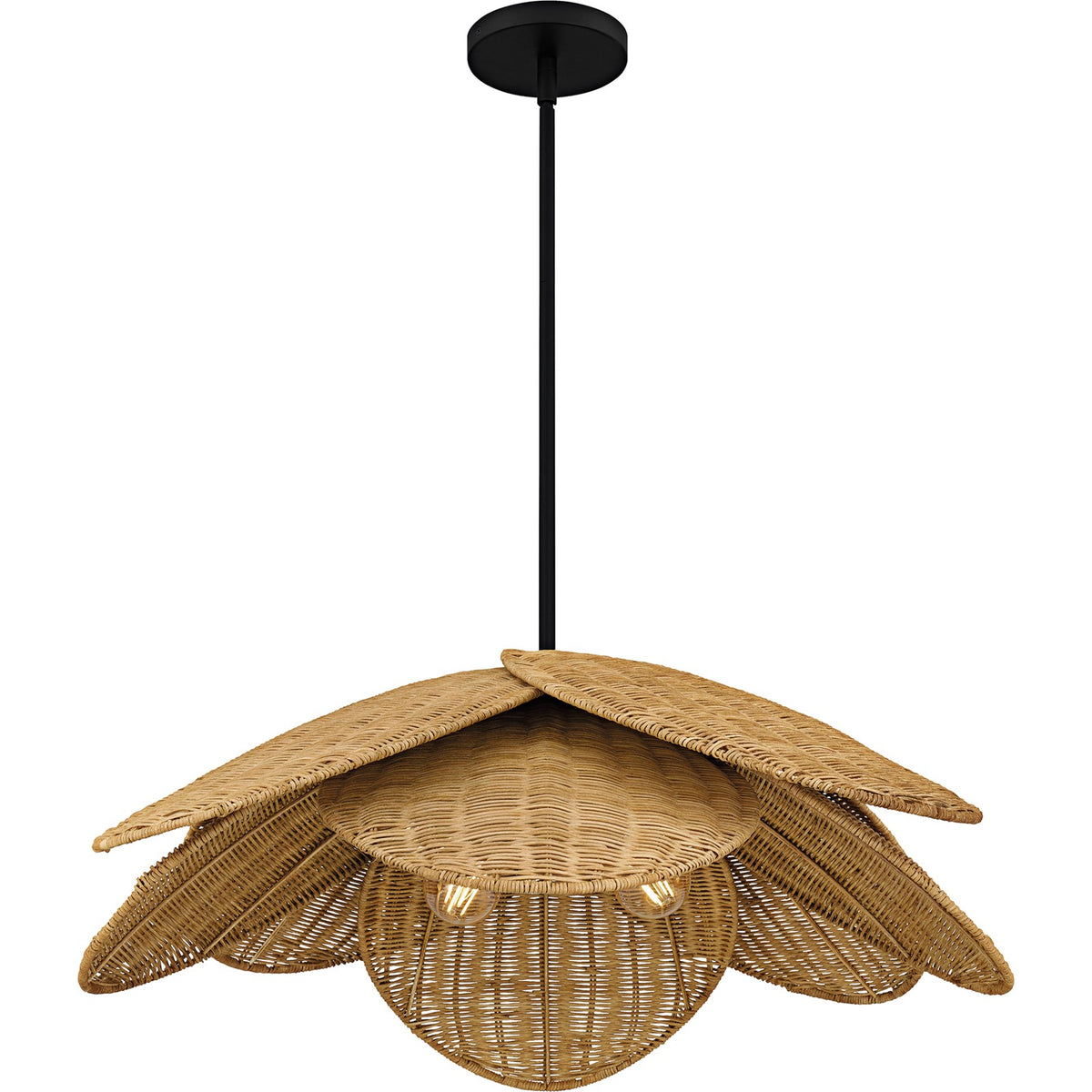 Quoizel Willa 30in 4-Light Pendant | Coastal Matte Black and Natural Rattan | Kitchen Island & Dining Room | 30 x 30 x 10.5 in | Model WLL2830MBK