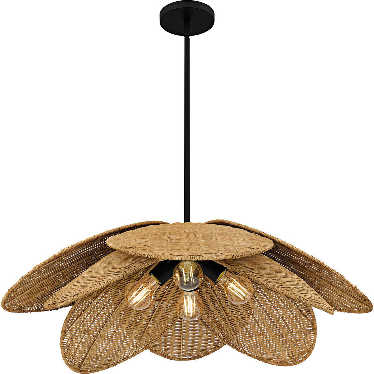 Quoizel Willa 30in 4-Light Pendant | Coastal Matte Black and Natural Rattan | Kitchen Island & Dining Room | 30 x 30 x 10.5 in | Model WLL2830MBK