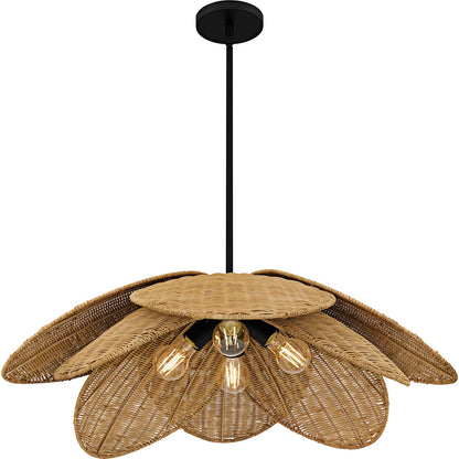 Quoizel Willa 30in 4-Light Pendant | Coastal Matte Black and Natural Rattan | Kitchen Island & Dining Room | 30 x 30 x 10.5 in | Model WLL2830MBK