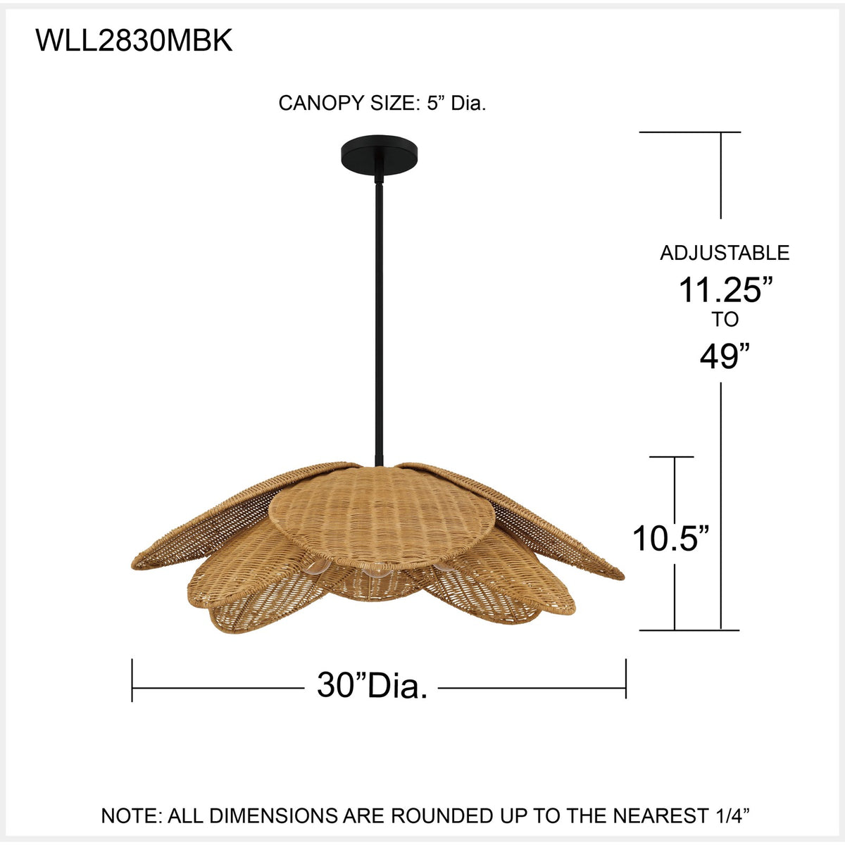 Quoizel Willa 30in 4-Light Pendant | Coastal Matte Black and Natural Rattan | Kitchen Island & Dining Room | 30 x 30 x 10.5 in | Model WLL2830MBK