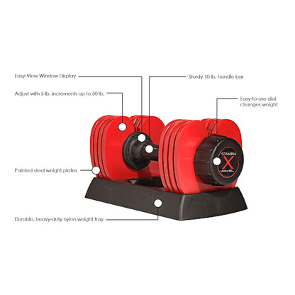 Stamina X Versa-Bell 50lb Adjustable Dumbbell | 10-50 lb 9-in-1 | Home Gym & Strength Training | 16 x 7.5 x 6.75 in | Model 05-2150
