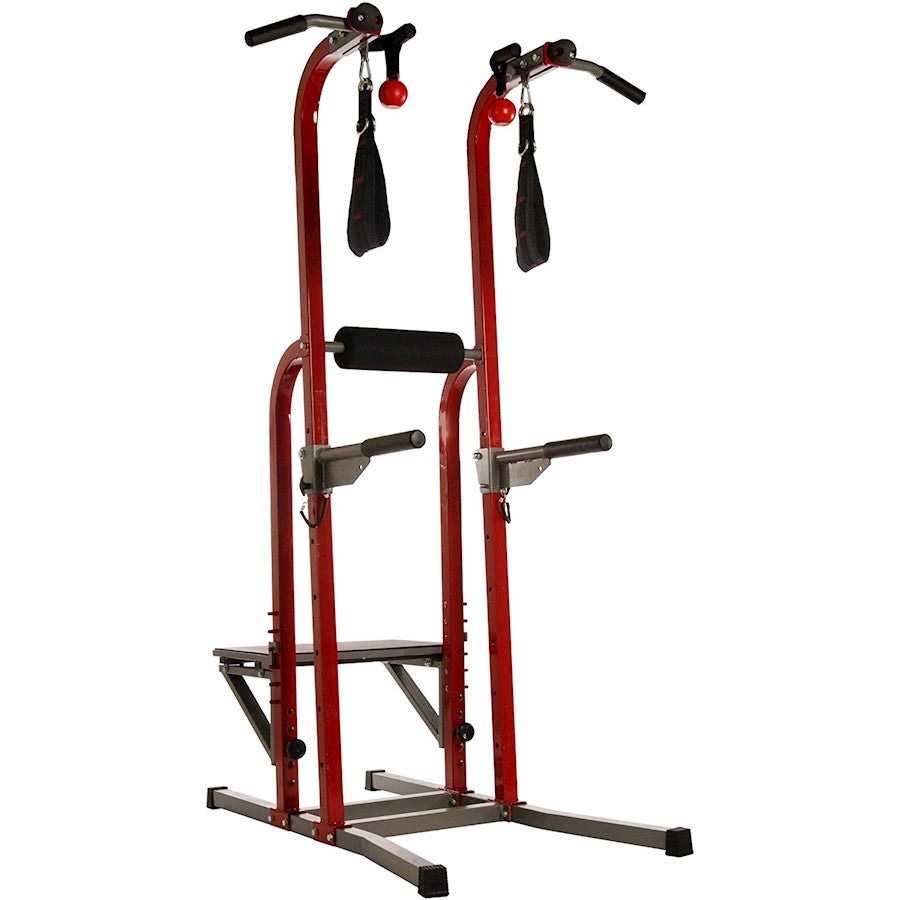 Stamina X Fortress Power Tower | Red Gray Black Steel Frame | Home Gym with Pull-Up Bar, Dip Bar, Plyo Box & Ab Straps | Model 50-1755