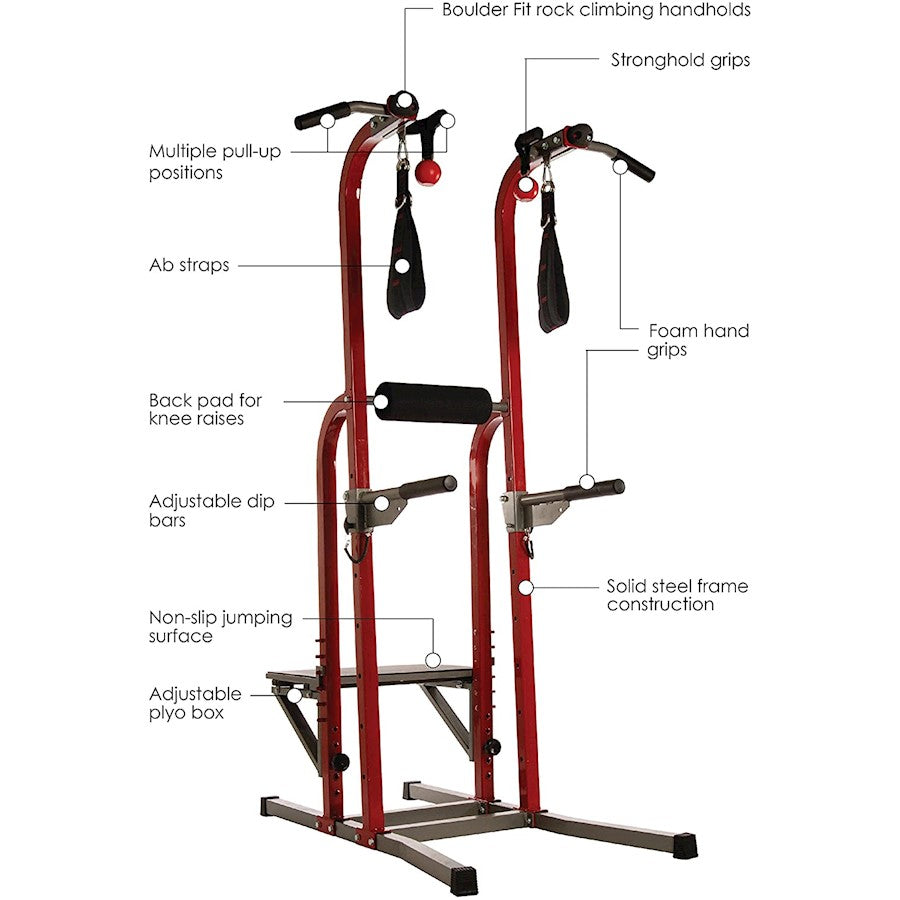 Stamina X Fortress Power Tower | Red Gray Black Steel Frame | Home Gym with Pull-Up Bar, Dip Bar, Plyo Box & Ab Straps | Model 50-1755