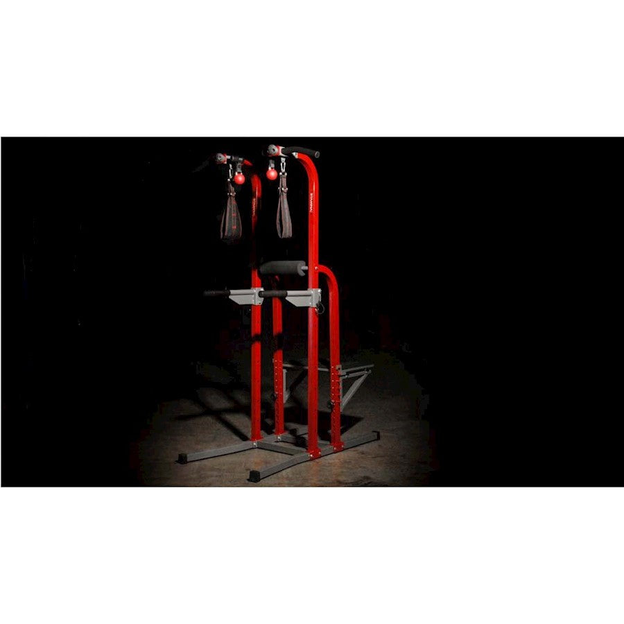 Stamina X Fortress Power Tower | Red Gray Black Steel Frame | Home Gym with Pull-Up Bar, Dip Bar, Plyo Box & Ab Straps | Model 50-1755