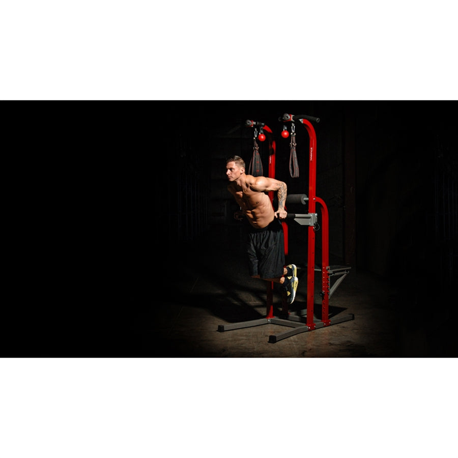 Stamina X Fortress Power Tower | Red Gray Black Steel Frame | Home Gym with Pull-Up Bar, Dip Bar, Plyo Box & Ab Straps | Model 50-1755