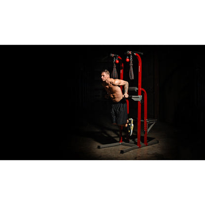 Stamina X Fortress Power Tower | Red Gray Black Steel Frame | Home Gym with Pull-Up Bar, Dip Bar, Plyo Box & Ab Straps | Model 50-1755