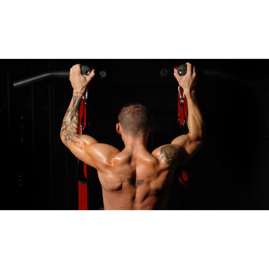 Stamina X Fortress Power Tower | Red Gray Black Steel Frame | Home Gym with Pull-Up Bar, Dip Bar, Plyo Box & Ab Straps | Model 50-1755