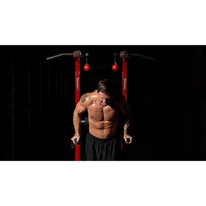 Stamina X Fortress Power Tower | Red Gray Black Steel Frame | Home Gym with Pull-Up Bar, Dip Bar, Plyo Box & Ab Straps | Model 50-1755