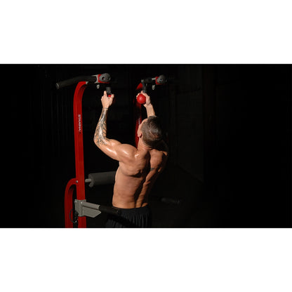 Stamina X Fortress Power Tower | Red Gray Black Steel Frame | Home Gym with Pull-Up Bar, Dip Bar, Plyo Box & Ab Straps | Model 50-1755