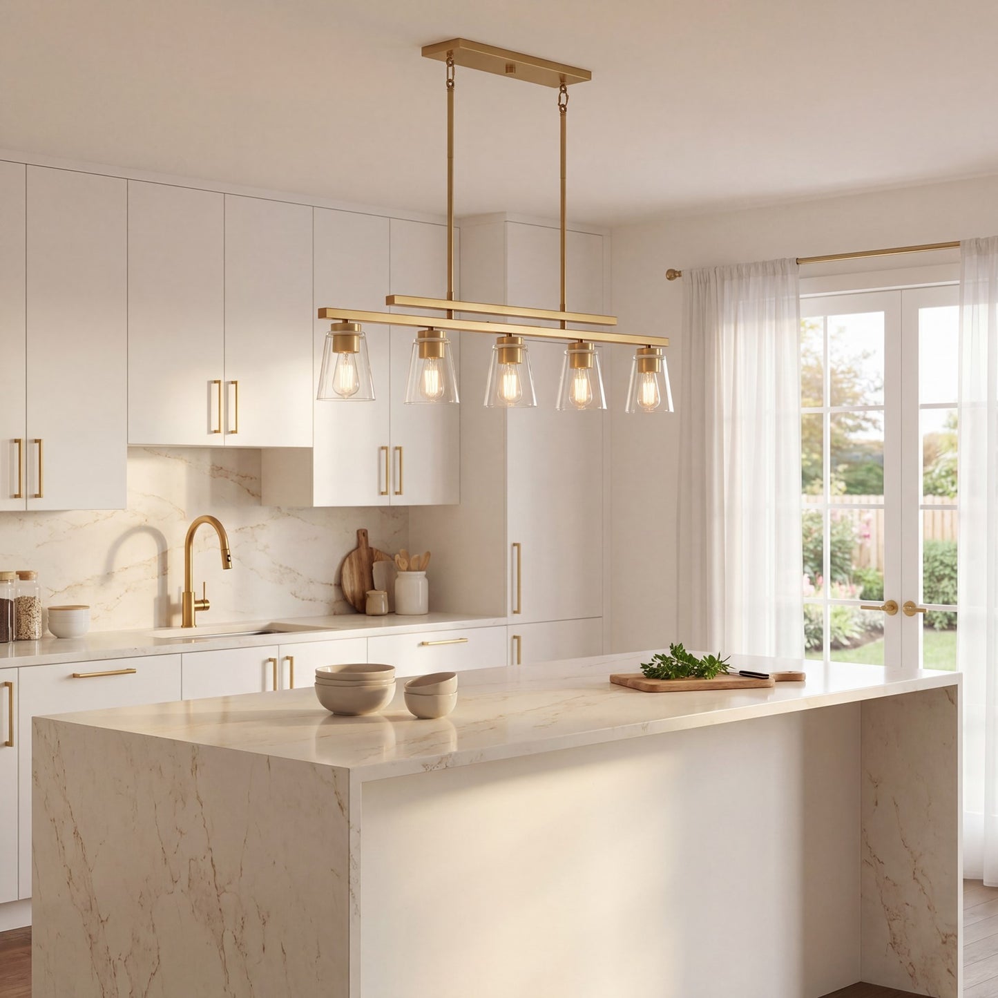 5 Light Linear Chandelier, Warm Brass