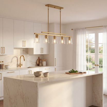 5 Light Linear Chandelier, Warm Brass