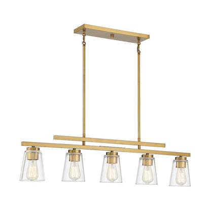 5 Light Linear Chandelier, Warm Brass