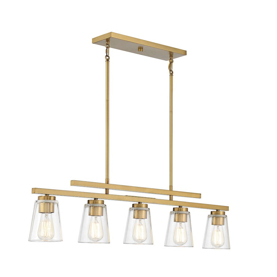 5 Light Linear Chandelier, Warm Brass