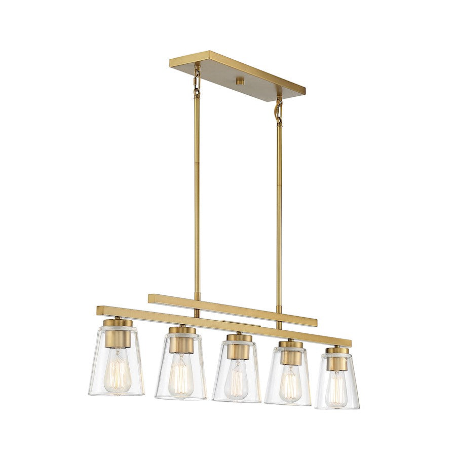 5 Light Linear Chandelier, Warm Brass