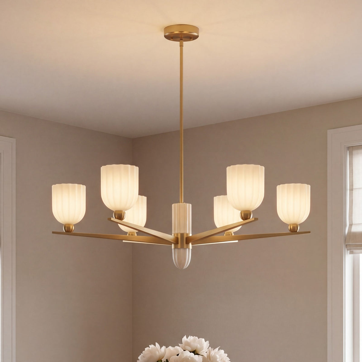 Savoy House Collier 6Lt Chandelier, White Opal, Warm Brass