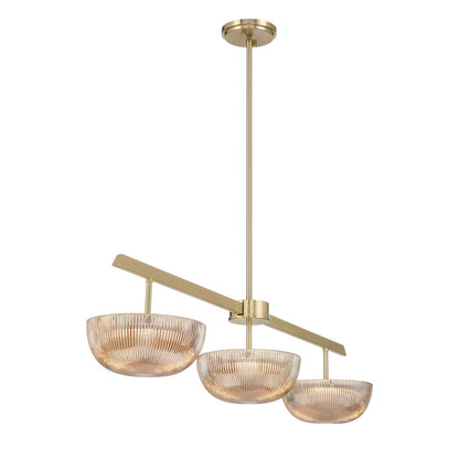 Savoy House Hubbard 44in 3-Light LED Linear Chandelier | Minimalist Noble Brass and Champagne Ribbed Glass | Kitchen Island & Dining | Model 1-1250-3-127