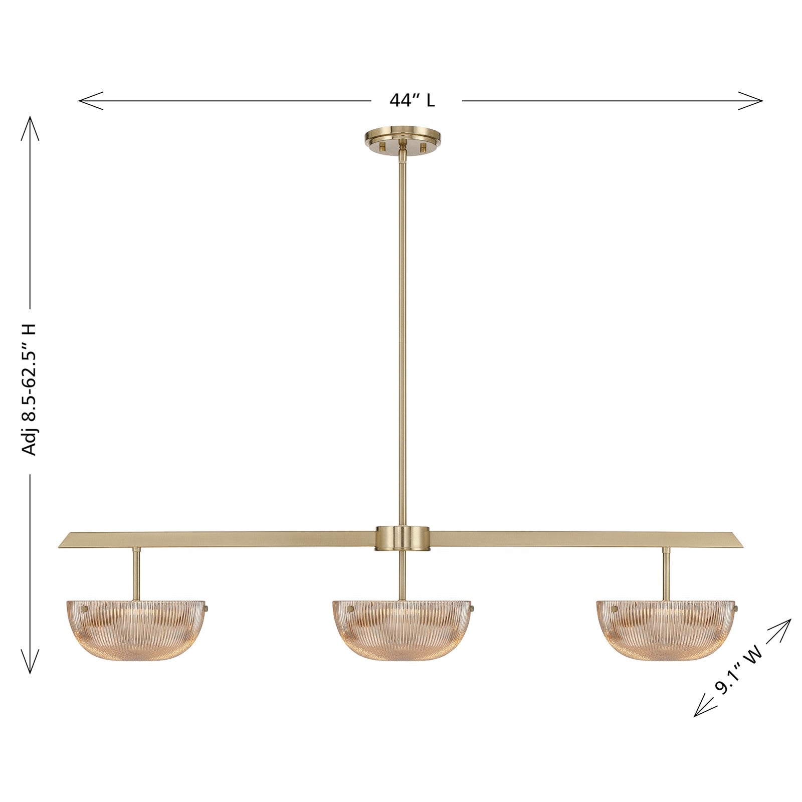 Savoy House Hubbard 44in 3-Light LED Linear Chandelier | Minimalist Noble Brass and Champagne Ribbed Glass | Kitchen Island & Dining | Model 1-1250-3-127