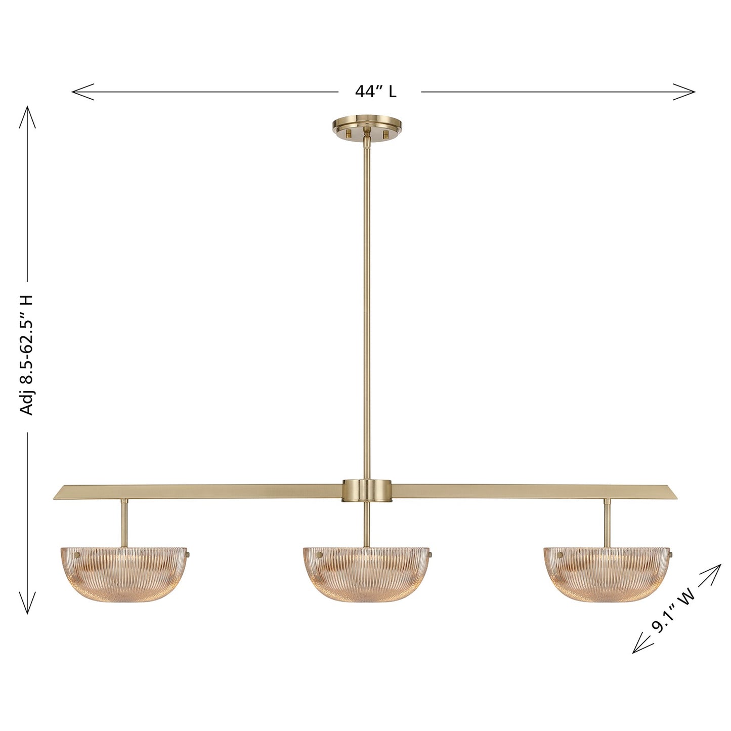 Savoy House Hubbard 44in 3-Light LED Linear Chandelier | Minimalist Noble Brass and Champagne Ribbed Glass | Kitchen Island & Dining | Model 1-1250-3-127