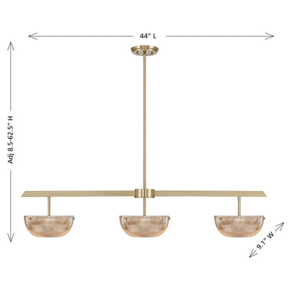 Savoy House Hubbard 44in 3-Light LED Linear Chandelier | Minimalist Noble Brass and Champagne Ribbed Glass | Kitchen Island & Dining | Model 1-1250-3-127