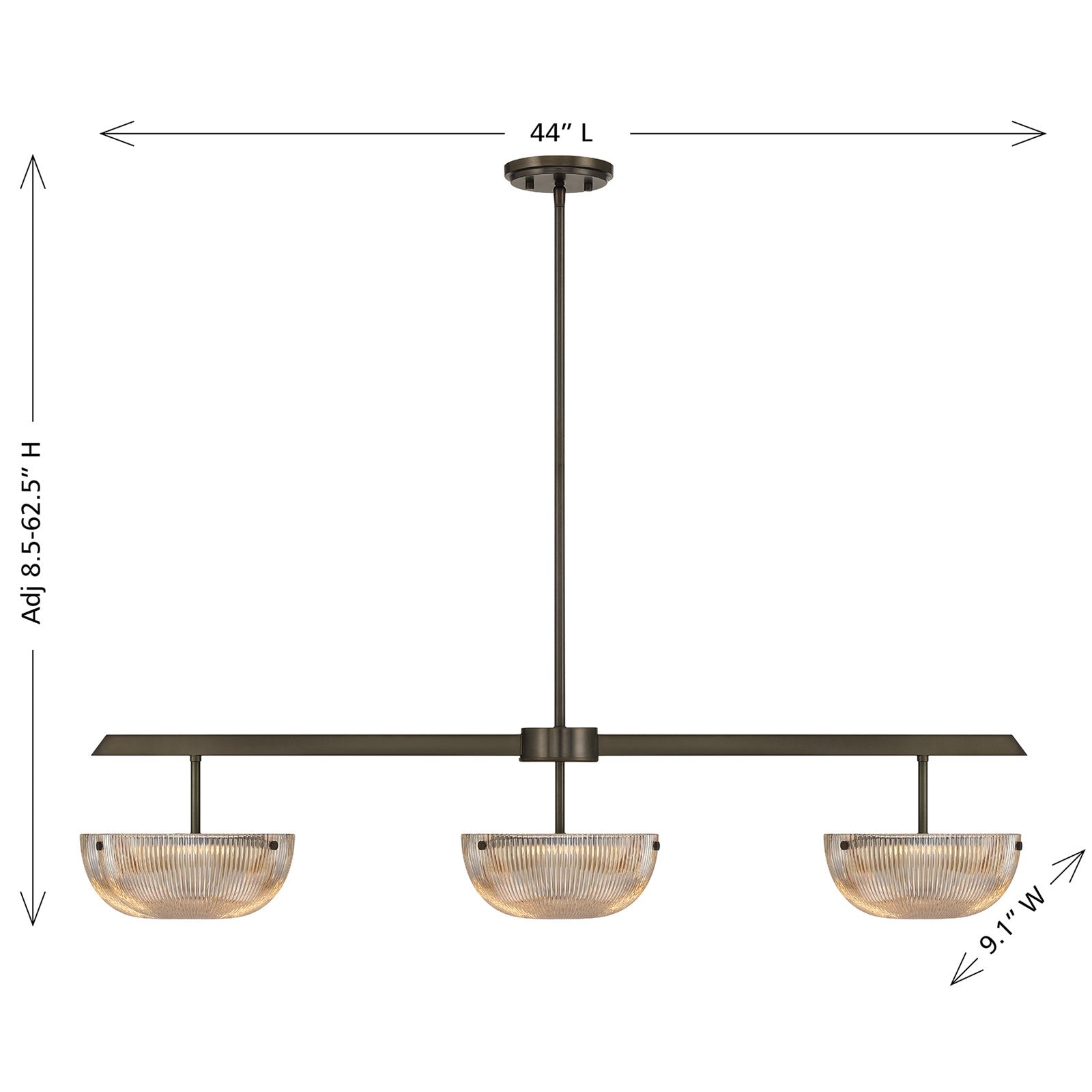 Savoy House Hubbard 44in 3-Light LED Linear Chandelier | Minimalist Mediterranean Bronze and Champagne Ribbed Glass | Kitchen Island & | Model 1-1250-3-15