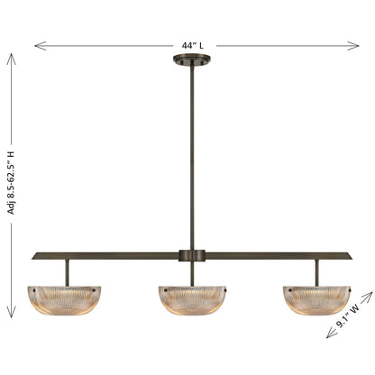 Savoy House Hubbard 44in 3-Light LED Linear Chandelier | Minimalist Mediterranean Bronze and Champagne Ribbed Glass | Kitchen Island & | Model 1-1250-3-15