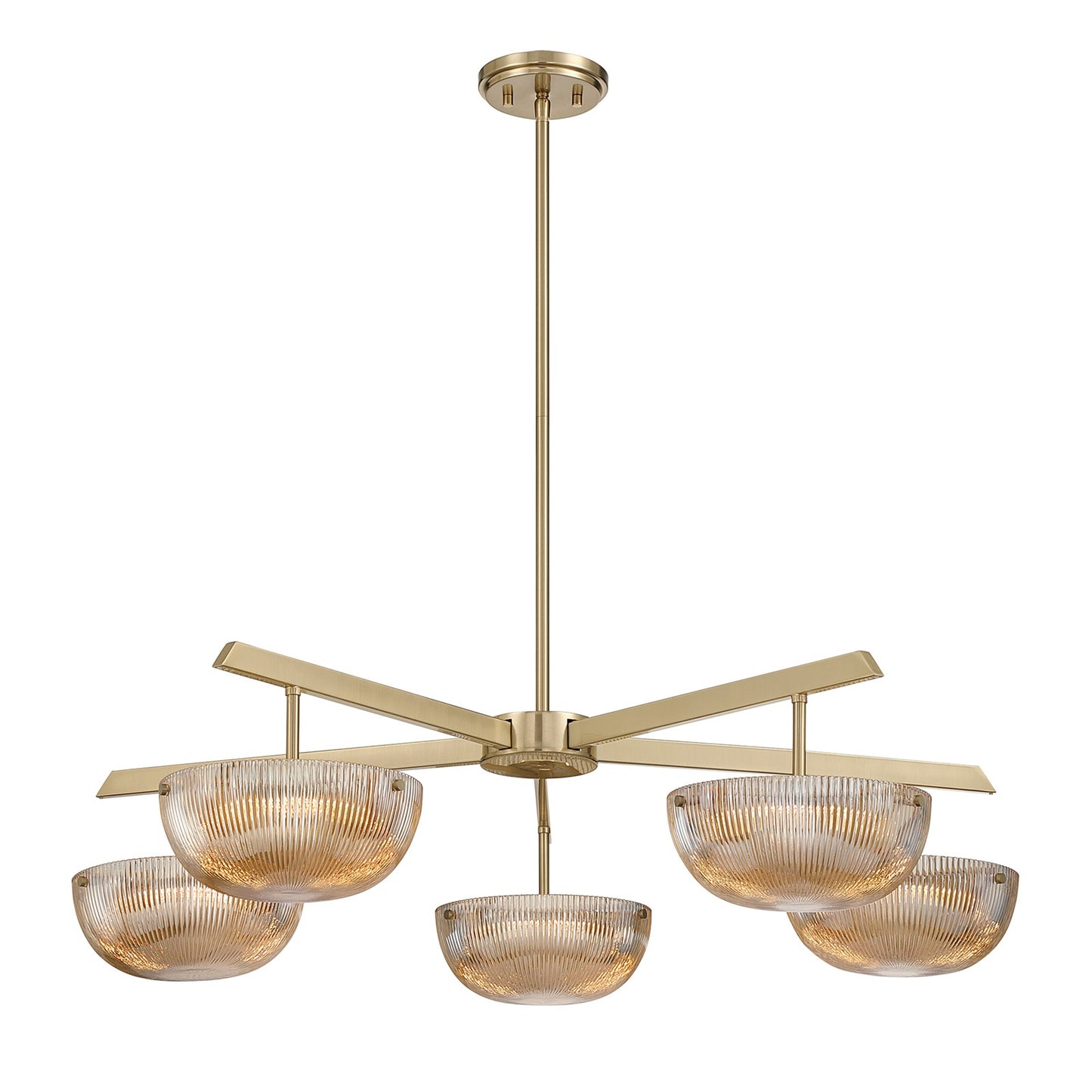 Savoy House Hubbard 38in 5-Light LED Chandelier | Minimalist Noble Brass and Champagne Ribbed Glass | Dining Room & Foyer | 38 x 38 | Model 1-1252-5-127
