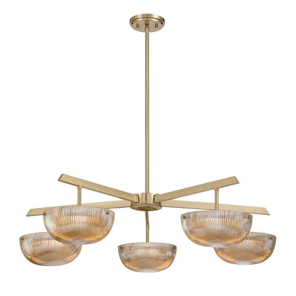 Savoy House Hubbard 38in 5-Light LED Chandelier | Minimalist Noble Brass and Champagne Ribbed Glass | Dining Room & Foyer | 38 x 38 | Model 1-1252-5-127