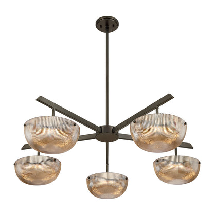 Savoy House Hubbard 38in 5-Light LED Chandelier | Minimalist Mediterranean Bronze and Champagne Ribbed Glass | Dining Room & Living | Model 1-1252-5-15