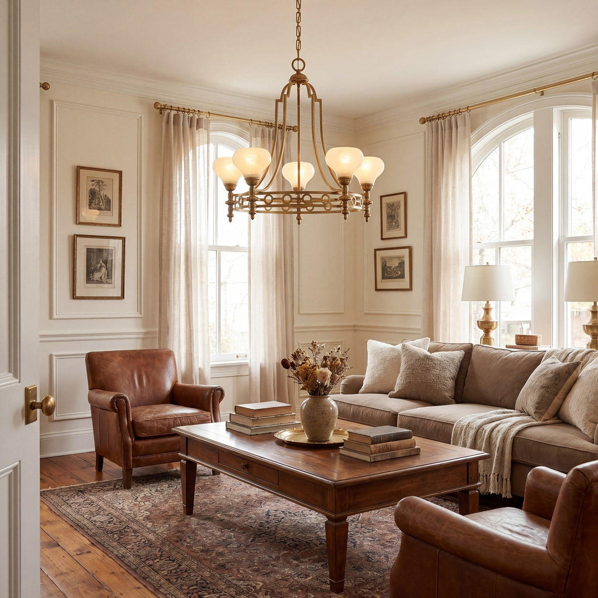 Savoy House Allston 5 Lt Chandelier, White Strie, Warm Brass