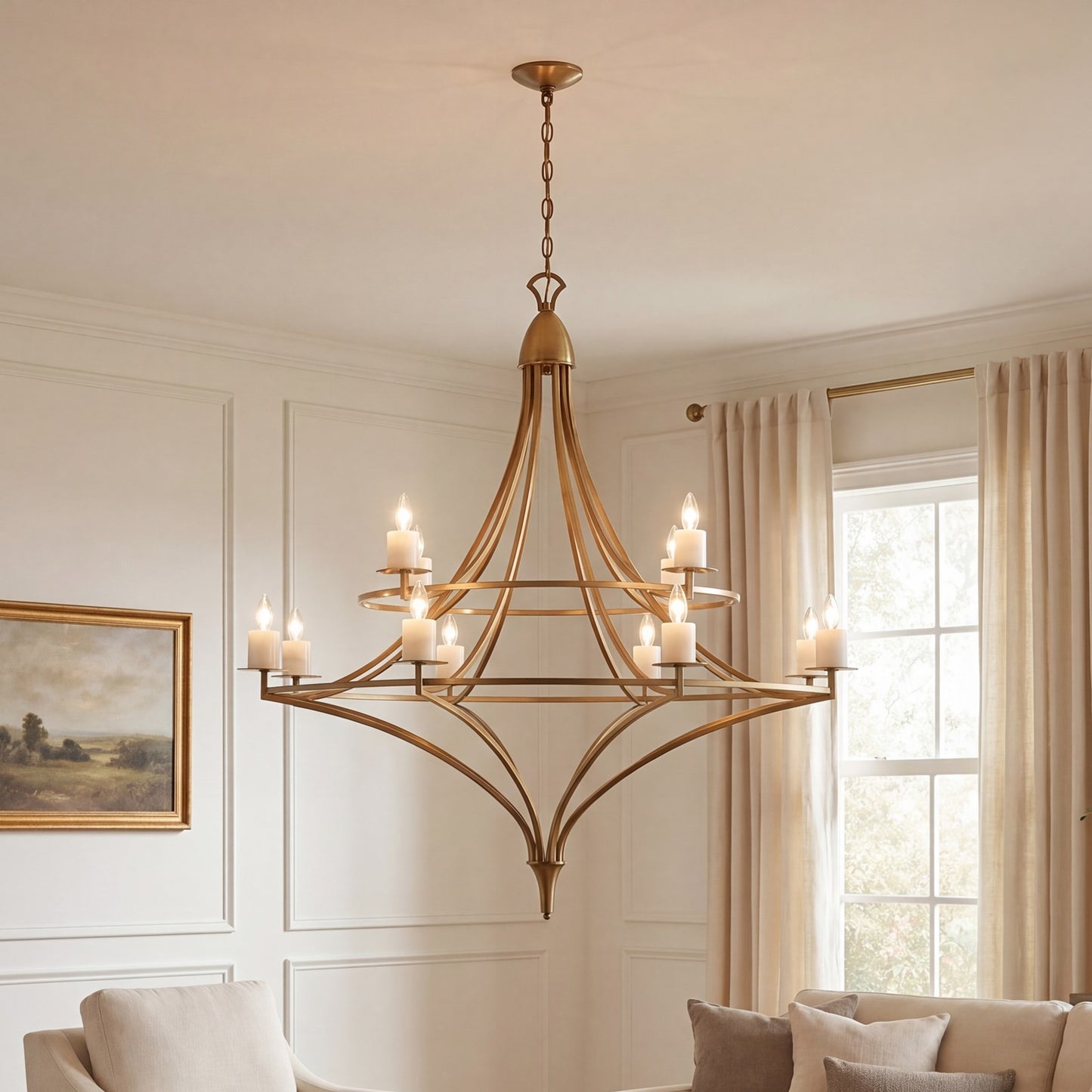 12 Light Chandelier, Warm Brass